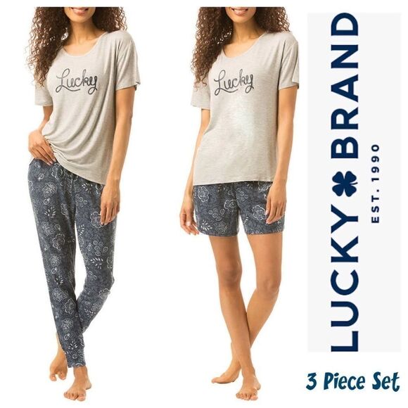 NEW! LUCKY BRAND Ladies 3 piece Pajama Set Includes SS Shirt, Pants and Shorts - Picture 1 of 14